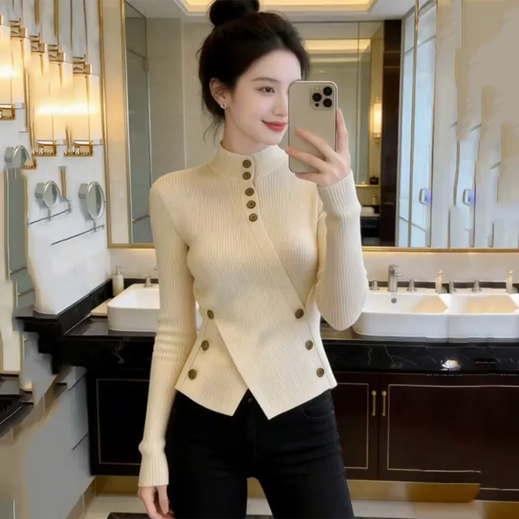 法式复古纯色半高领毛衣针织打底衫女内搭秋冬季收腰修身长袖上衣