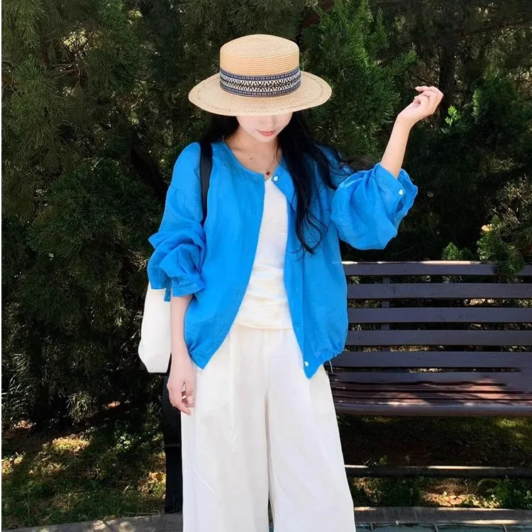 哥弟阿玛施正夏季时尚圆领显白防晒衬衫宽松抽绳开衫百搭休闲上衣