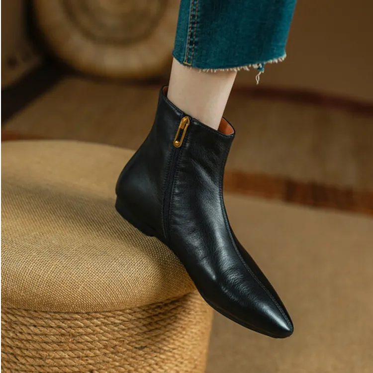 羊皮断码清仓真皮短靴女秋冬加绒法式瘦瘦靴尖头裸靴平底软皮单靴