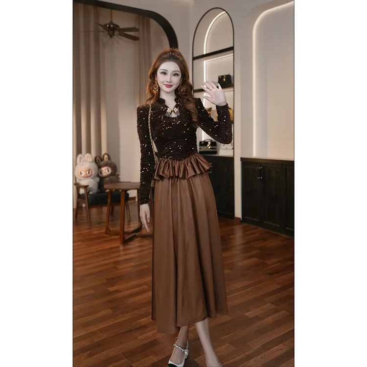 【晚晚定制】设计师新款复古时尚亮片丝绒拼接气质蕾丝连衣裙21990
