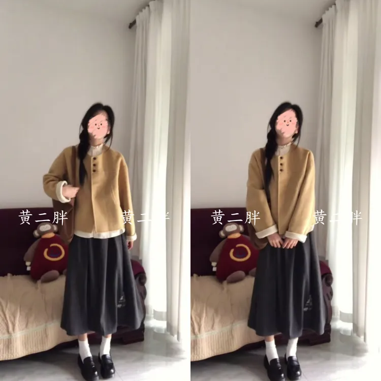 韩版黄色双面毛呢外套女冬季加厚保暖日系复古上衣+半身裙两件套