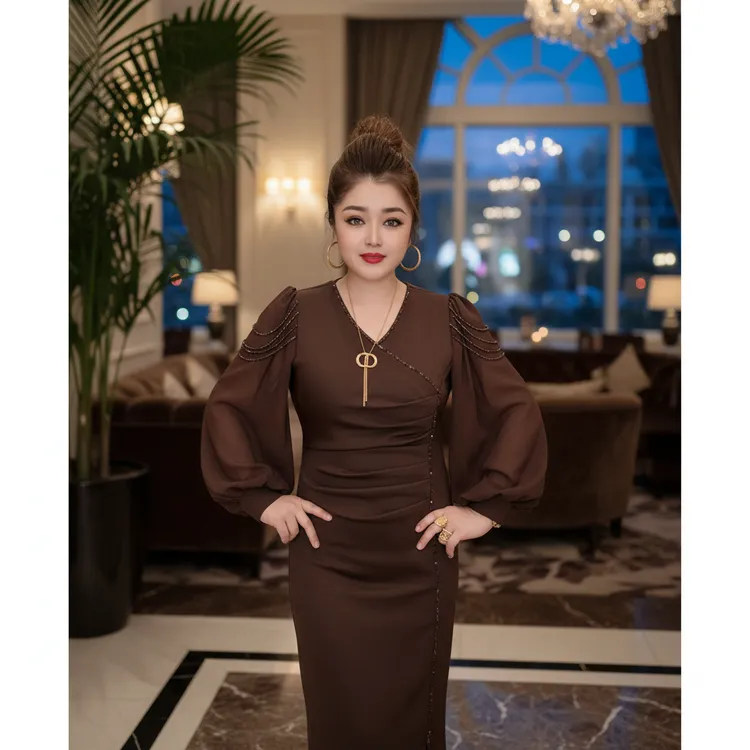 提花花苞裙V领新款秋冬长袖连衣裙旗袍收腰复古开叉春季