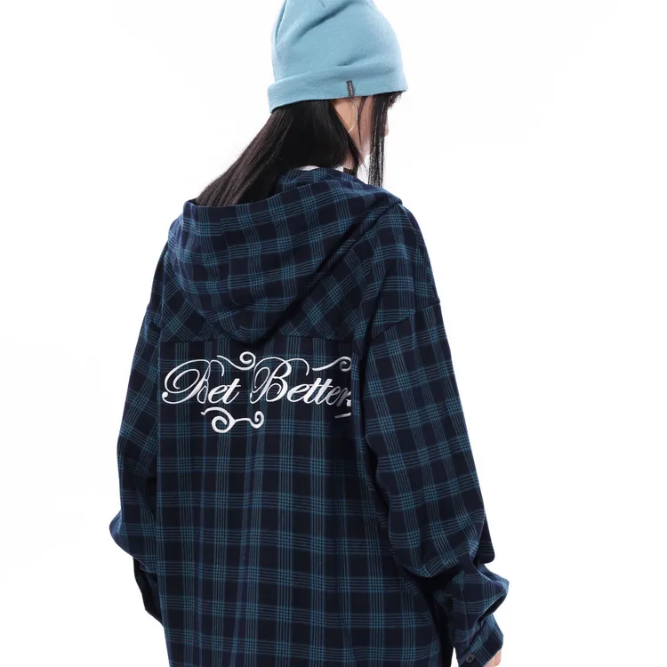 MaoQiaoYi字母刺绣衬衫撞色男女长袖休闲百搭复古宽松【J】