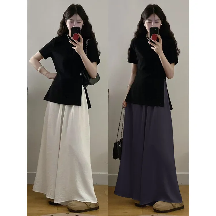 1915# 大码女装胖mm新款蝴蝶结开叉T恤+阔腿大摆裤裙两件套