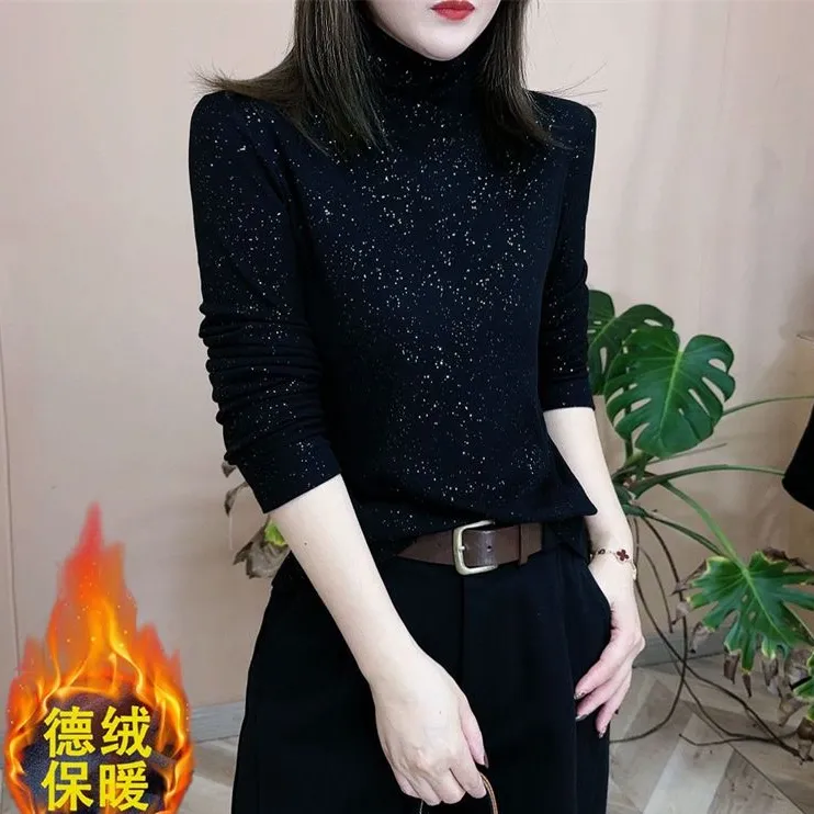 妈妈装长袖上衣德绒长袖黑色秋冬保暖衣半高领内搭秋衣打底衫