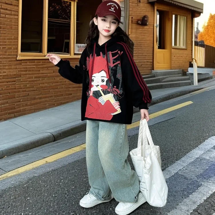 女童套装春秋装新款潮女孩中大童涂鸦卫衣+牛仔裤儿童嵌绳两件套