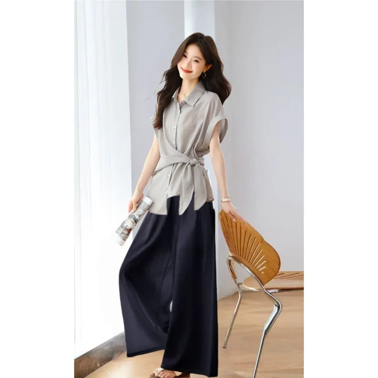 亚麻套装女夏季2025设计感洋气休闲短袖衬衫阔腿裤两件套显瘦套装