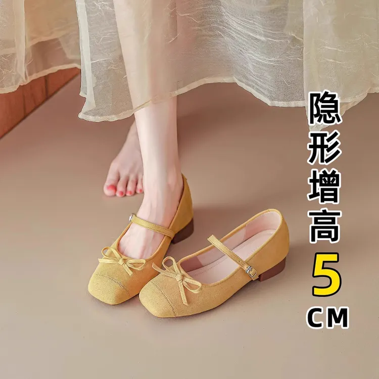 5CM内增高法式复古方头单鞋女2025新款玛丽珍鞋夏芭蕾浅口鞋