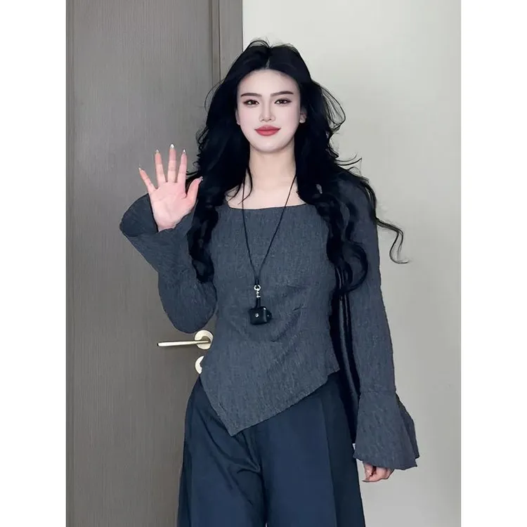 大码不规则长袖衬衫女2025新款秋季胖mm收腰别致体恤显瘦遮肉上衣