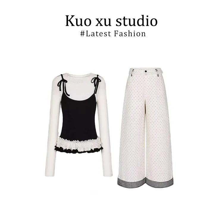 早春一整套穿搭假两件蕾丝拼接吊带长袖上衣女花边裙摆直筒波点裤