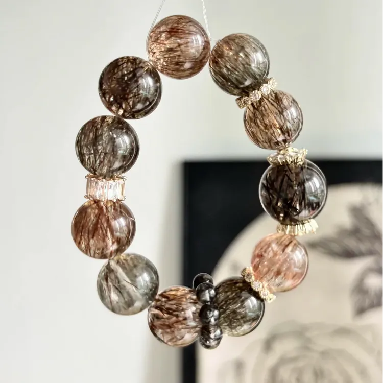 普陀山一ye暴富天然水晶黑金超七手串旺财运招财转运发晶水晶手链