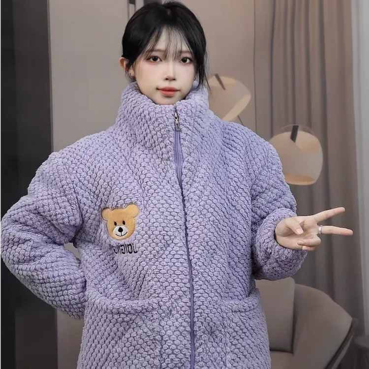 【四斤】三层夹棉睡衣女冬季提花珊瑚绒加绒加厚拉链保暖棉袄家居服