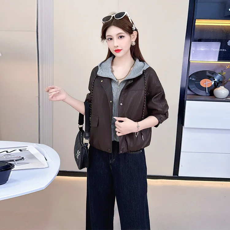 时尚连帽假两件皮衣短外套女2025秋季新款洋气显瘦宽松遮肉外套潮