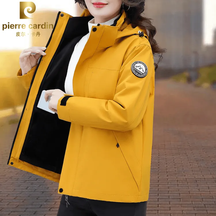 皮尔卡丹三合一冲锋衣外套女春秋新款厚款防风防水运动连帽夹克女