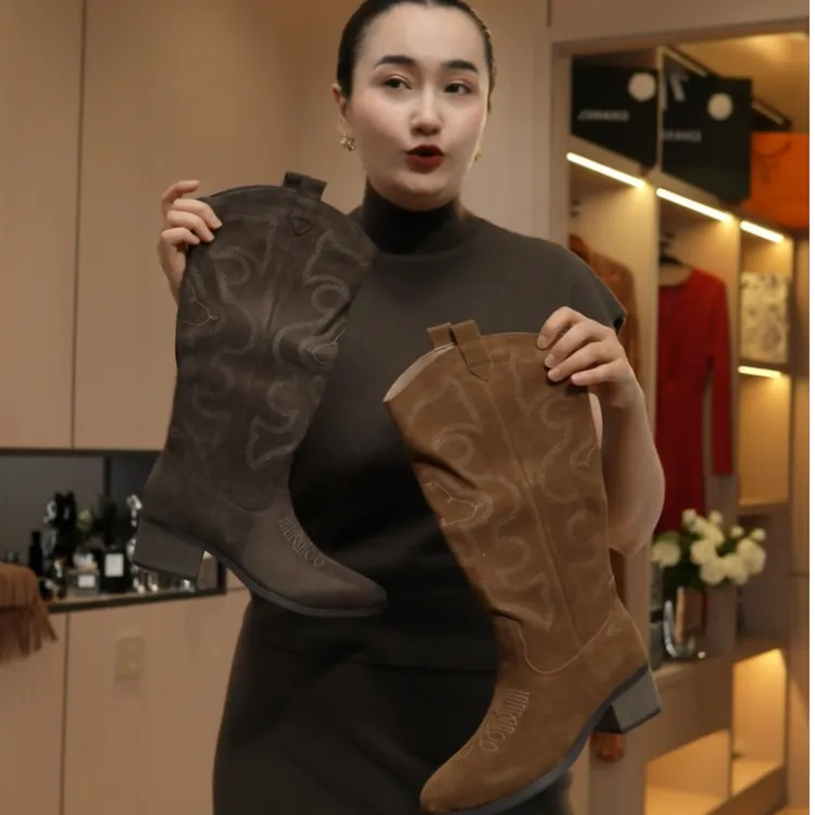 （真皮牛皮）加绒款6688款磨砂绒面刺绣西部牛仔靴女粗跟秋冬