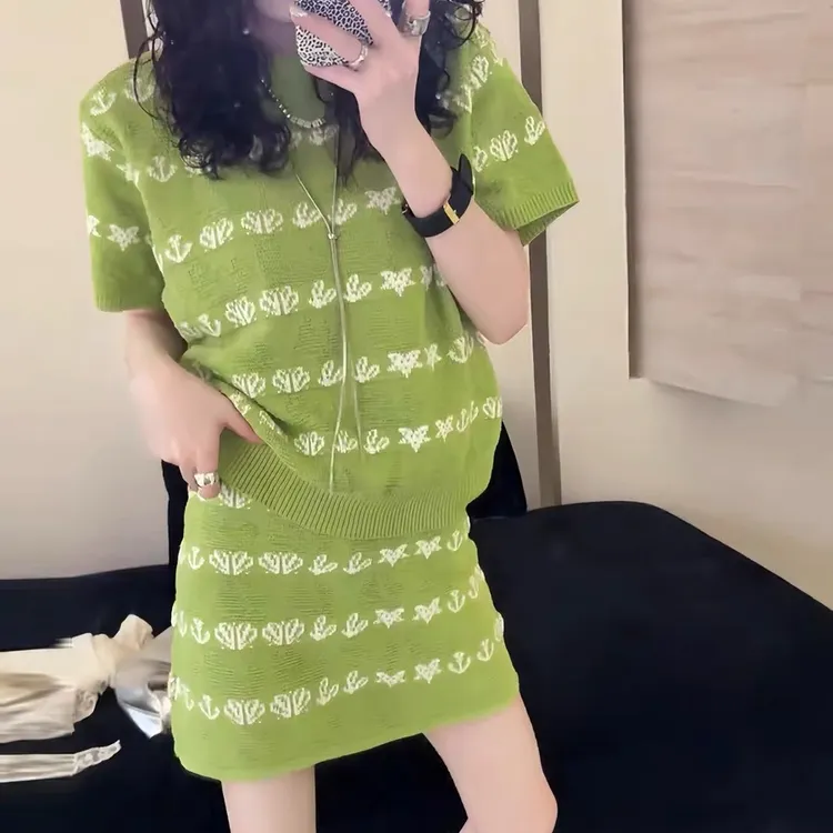 2025套装设计感气质洋气显瘦休闲短袖针织衫+A字高腰半身裙两件套