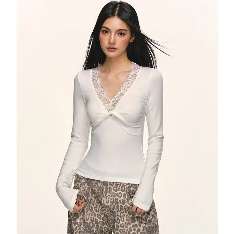 anna aneae长袖t恤女秋冬新款白色蕾丝修身短款内搭打底衫小上衣