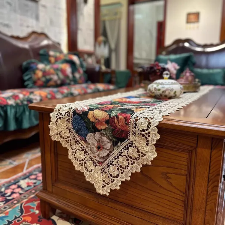 [百花齐放桌旗款]黑色牡丹蕾丝含花边盖巾用于餐桌茶几装饰