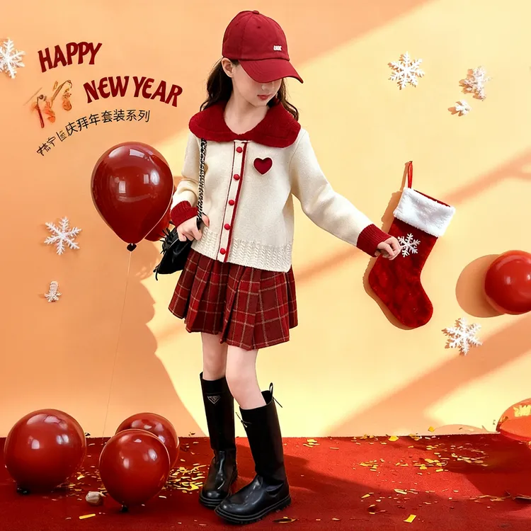 女童秋冬裙子过年套装2025新款儿童学院连衣裙女大童春秋新年衣服