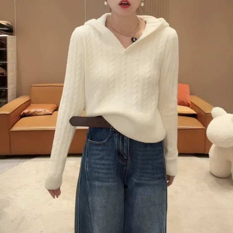 冬季韩系百搭连帽套头竖条绞花毛针织上衣LK2508440