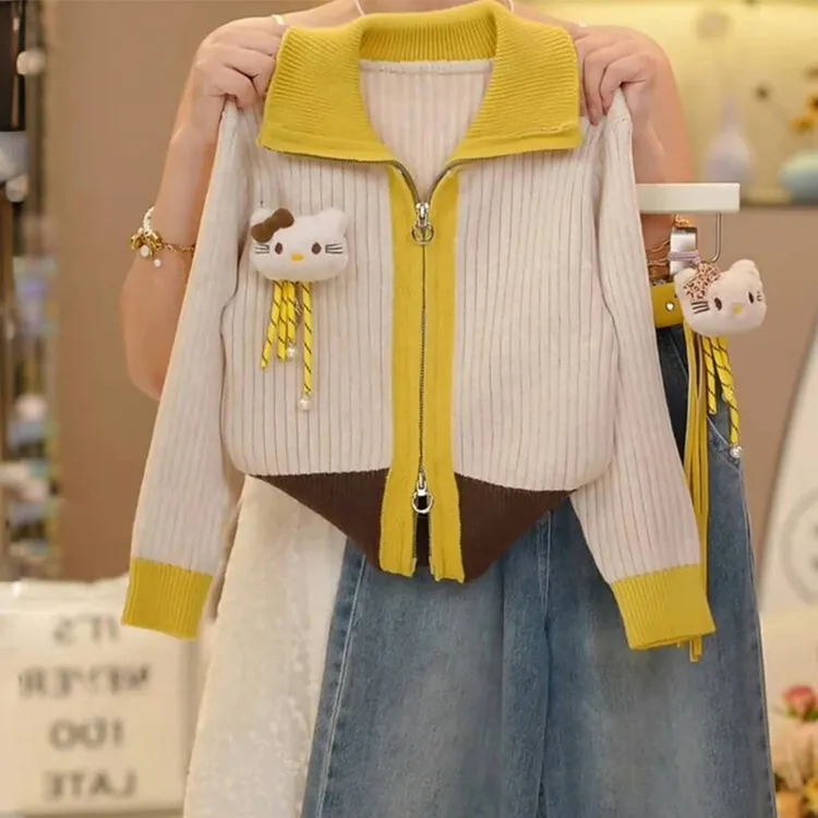 女童翻领拼色针织开衫2025新款春秋款毛线衣长袖打底女童翻领毛衣