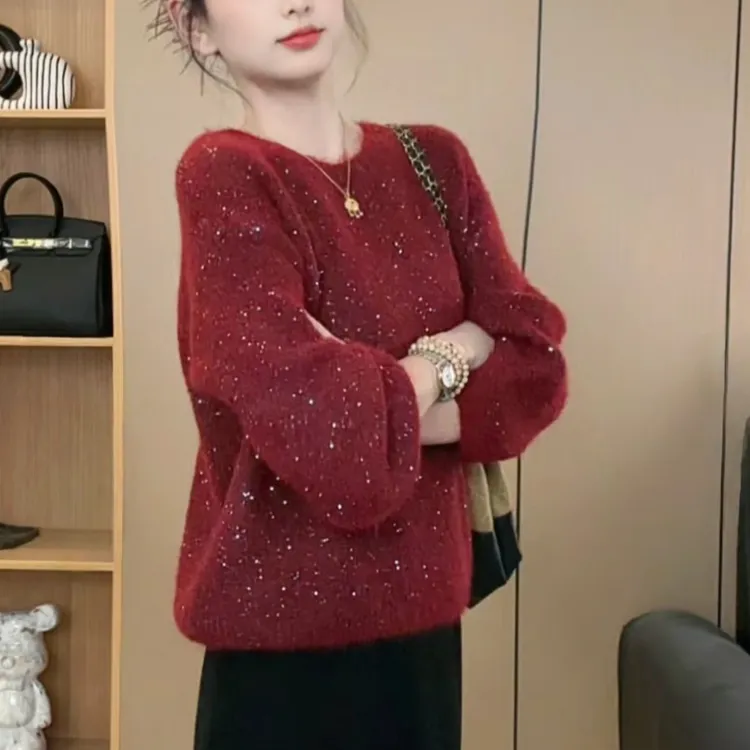 重工亮片圆领套头针织毛衣女秋冬新款宽松软糯短款针织打底上衣