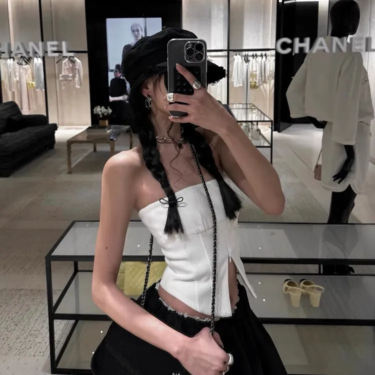 美式辣妹一字肩上衣抹胸2025夏季时尚性感拉链修身显瘦短款上衣