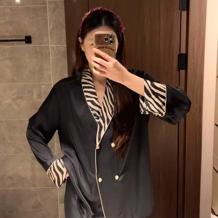 【缎面好面料】【青果领】黑色长袖长裤睡衣春秋款长袖套女士家居服