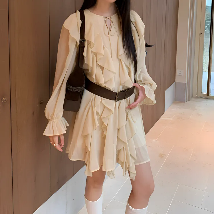 新品法式荷叶边不规则长袖重工连衣裙春秋款女士收腰系带气质裙子