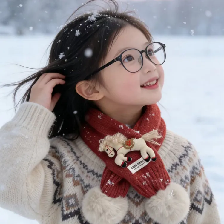 韩系新年红色儿童围巾马年毛球交叉围巾宝宝冬季保暖卡通针织围脖