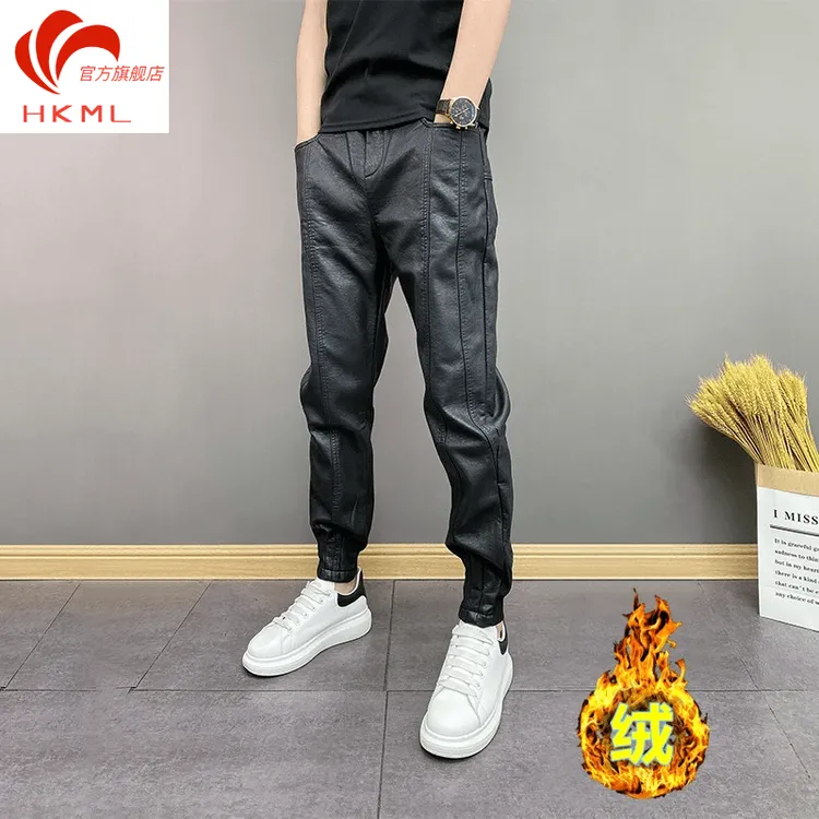 秋冬季加绒保暖外卖骑手机车防风皮裤男纯黑色小脚加厚休闲长裤子