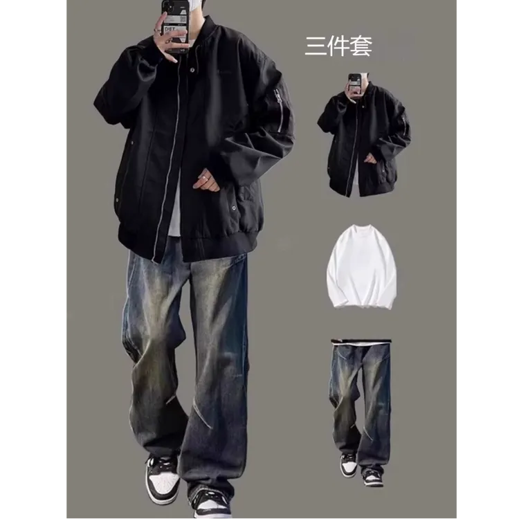 男生秋冬穿搭个性 cleanfit 小众高级感高知感外套牛仔裤套装146