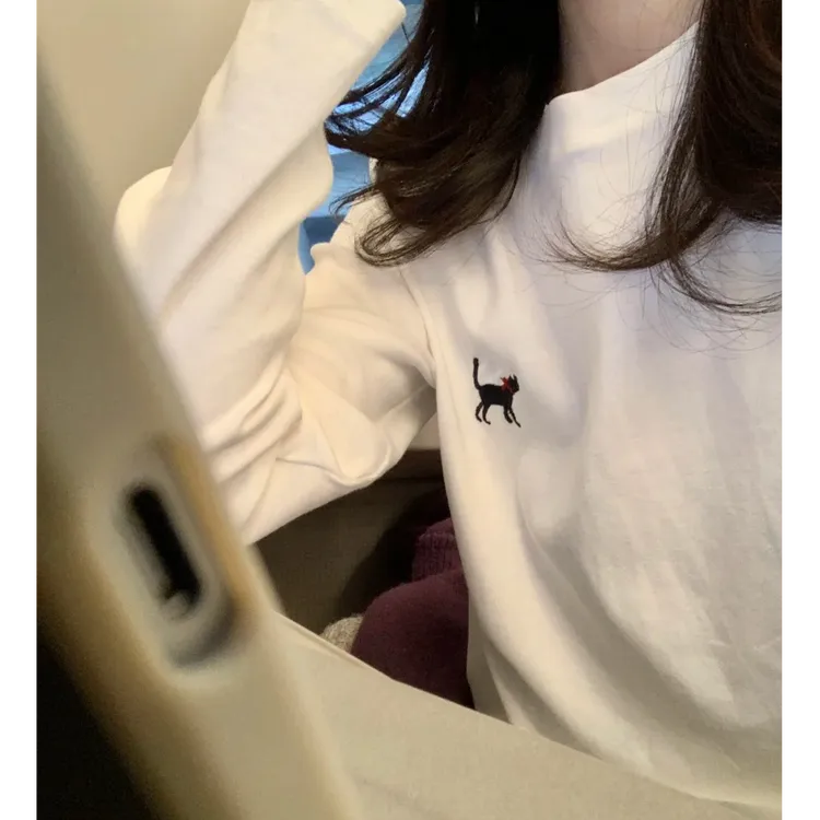 刺绣磨毛棉正肩长袖T恤女2025秋季新款基础款百搭打底衫圆领上衣