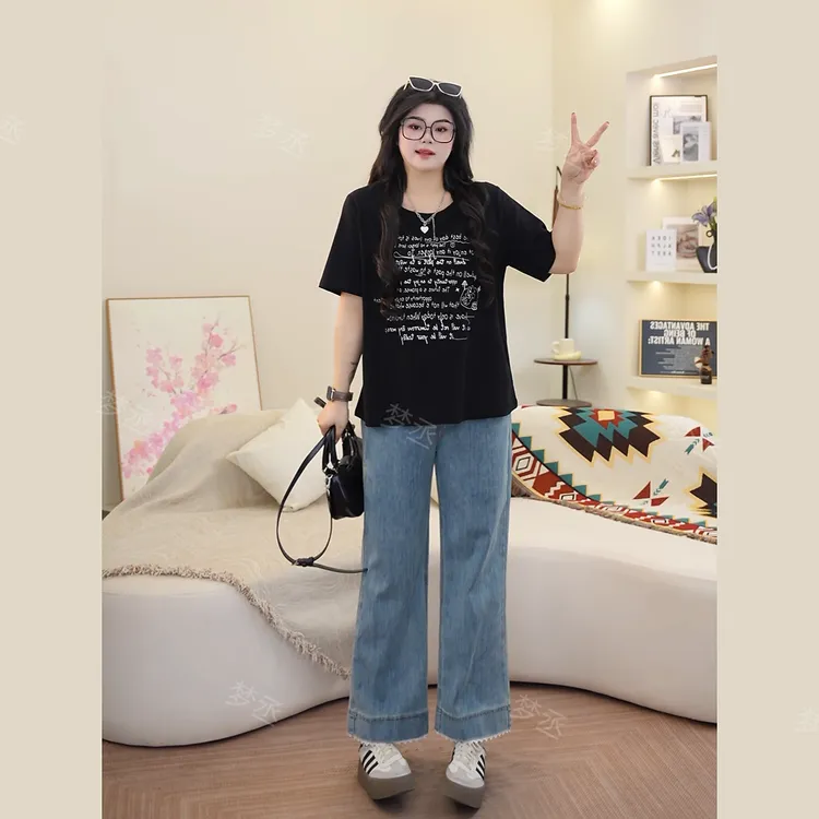 梦丞-胖mm大码女装高级感宽松微胖显瘦百搭遮肉短袖T恤上衣女
