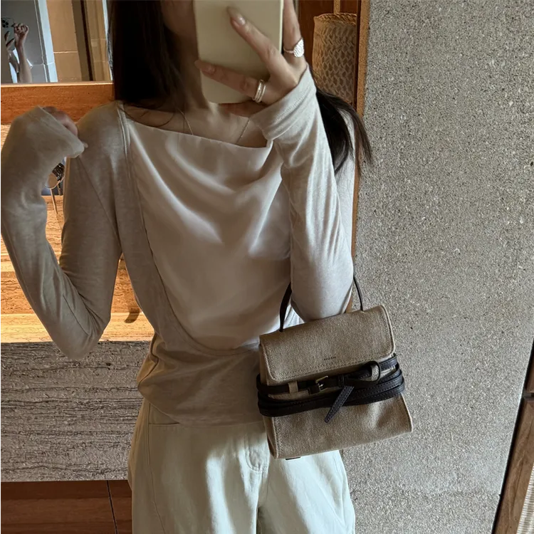 YPP!【柏林初秋】韩系简约拼色假两件T恤女秋设计感荡领修身上衣