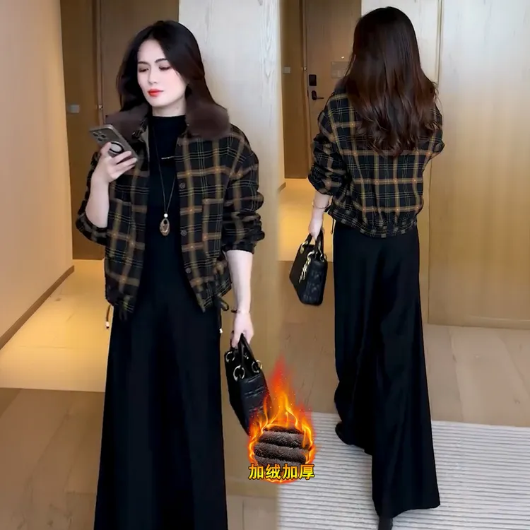 雅鹿时尚加绒短外套2025冬季新款洋气显瘦格子拼接夹克上衣