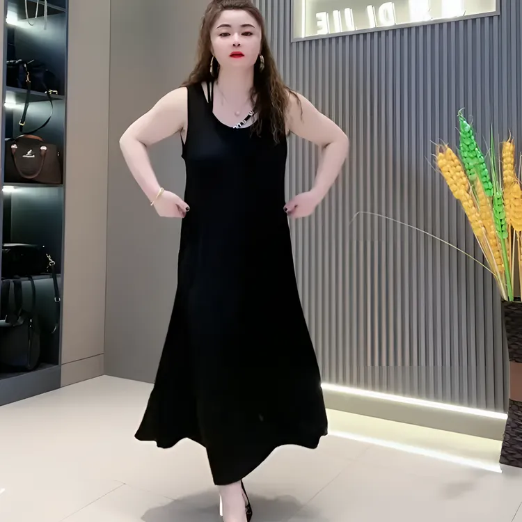 新款时尚U型领背心裙宽松洋气气质A字大摆裙显瘦长款连衣裙