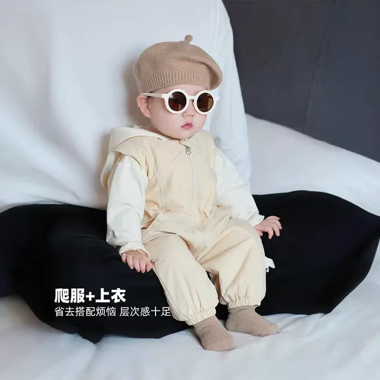 宝宝套装春秋款婴幼儿无袖双层拉链连体衣连帽打底两件套婴儿衣服