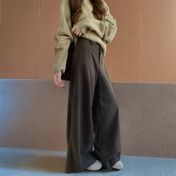 韩系显瘦简约日常百搭通勤磨毛毛呢西裤女士2025年流行网红女裤