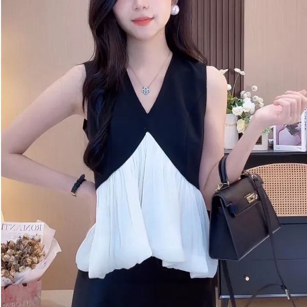 夏季高级感拼色无袖上衣女士修身显瘦百搭气质法式V领拼接背心