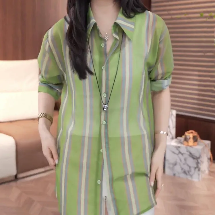 设计感条纹翻领长袖衬衫女2025春夏季新款薄款韩版时尚百搭衬衣