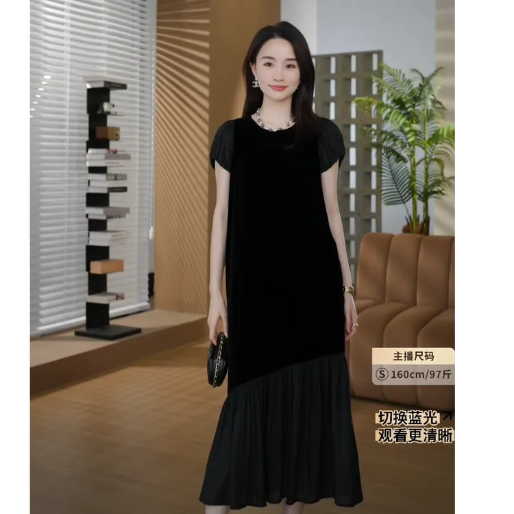 HELA AOMI“100%桑蚕丝 真丝丝绒”网纱拼接简约连衣裙CY5BC25074