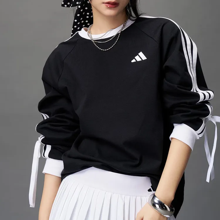 Adidas三叶草新款秋季经典三条纹长袖可拆卸蝴蝶结长袖T恤 KG3858