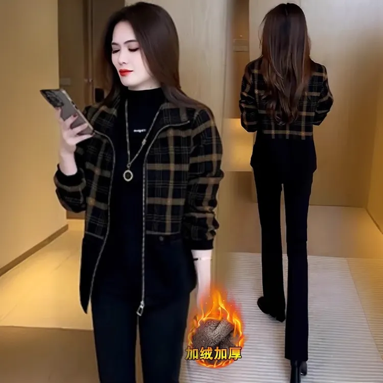 妈妈秋冬加绒外套小个子显瘦休闲上衣中老年女装冬季保暖夹克外套