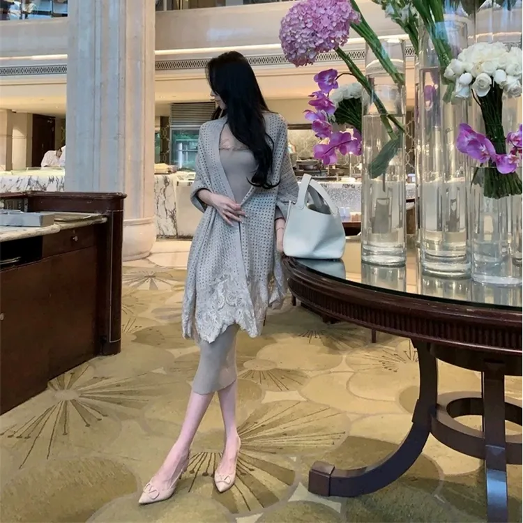 千金风套装女小香风气质蕾丝吊带长裙镂空针织披肩外套两件套裙子