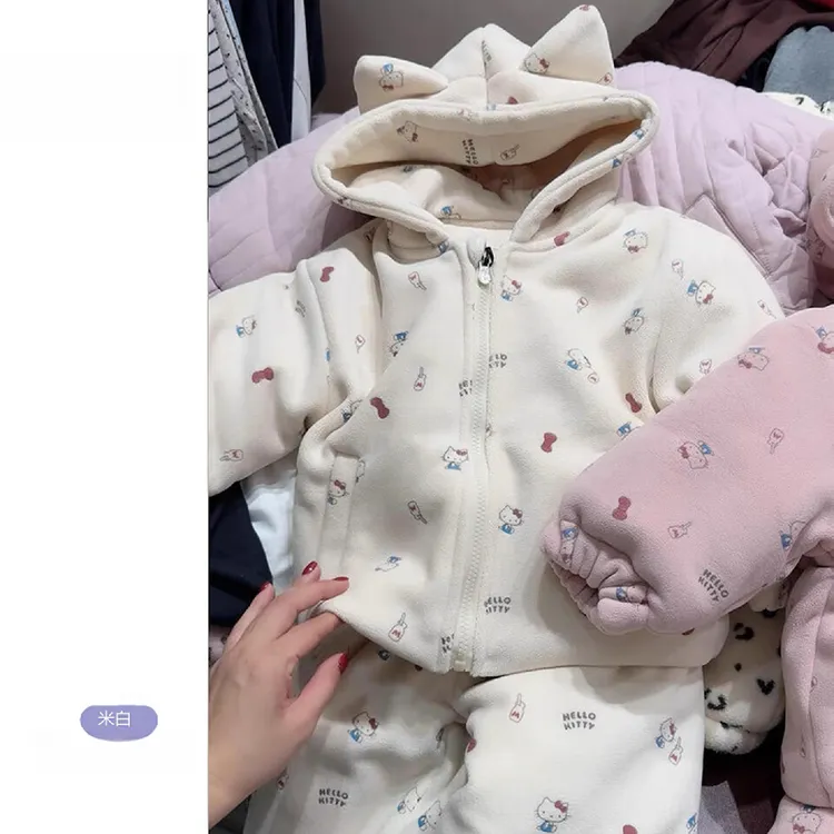 女童家居服2025冬季新款儿童可爱卡通连帽耳朵上衣保暖裤子套装