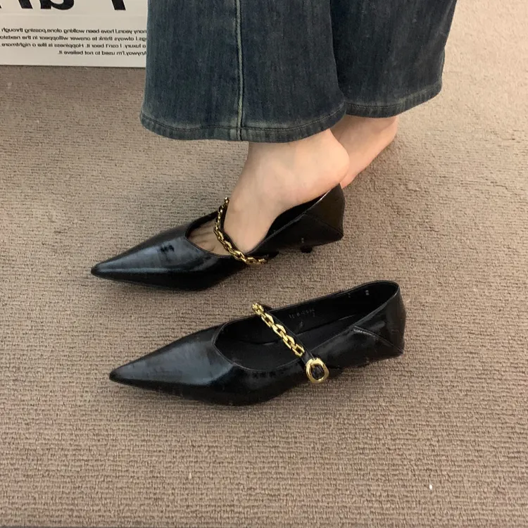 法式气质尖头链条黑色单鞋女鞋子2025春秋冬季细跟高跟通勤晚晚鞋