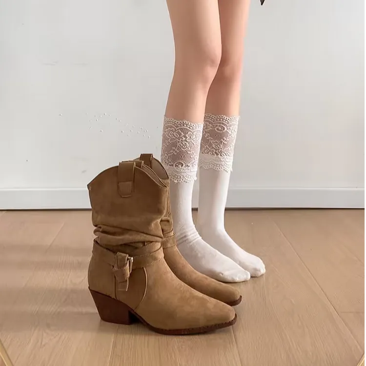 南在南方复古粗跟西部牛仔靴女2025新款秋季配裙子显瘦增高短靴子