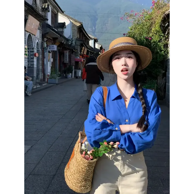 2025春季新款韩系穿搭克莱因蓝衬衫上衣搭配高腰裤子时尚两件套装