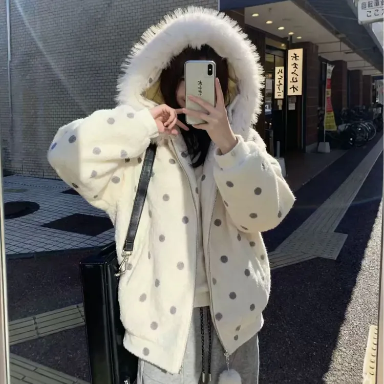 【晚安兔子】波点毛领连帽夹棉毛呢卫衣棉服外套